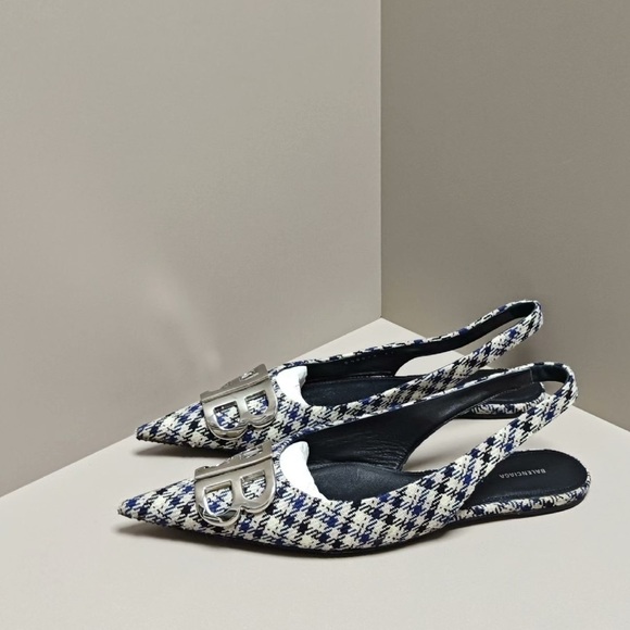 Balenciaga Shoes - Authentic Balenciaga Women's Houndstooth Slingback Flats - Black and White